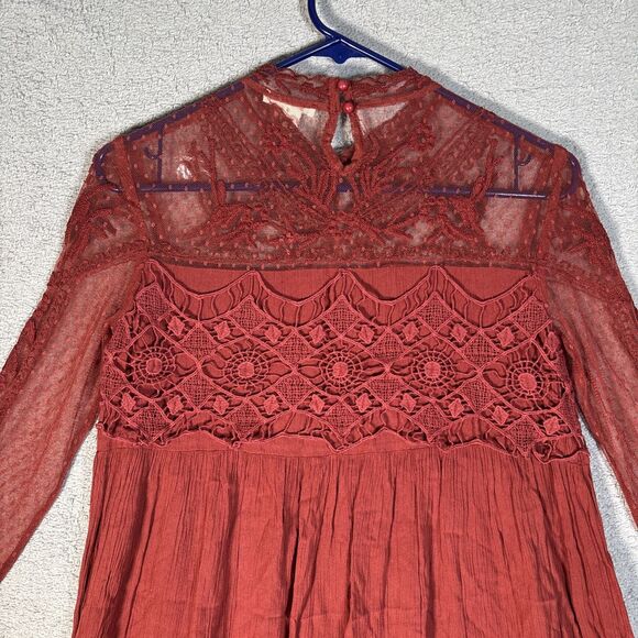 Sundance Mini Dress Womens Size 2 Rust Red Long Sleeve Lace Paneled Crochet Boho - Picture 12 of 14